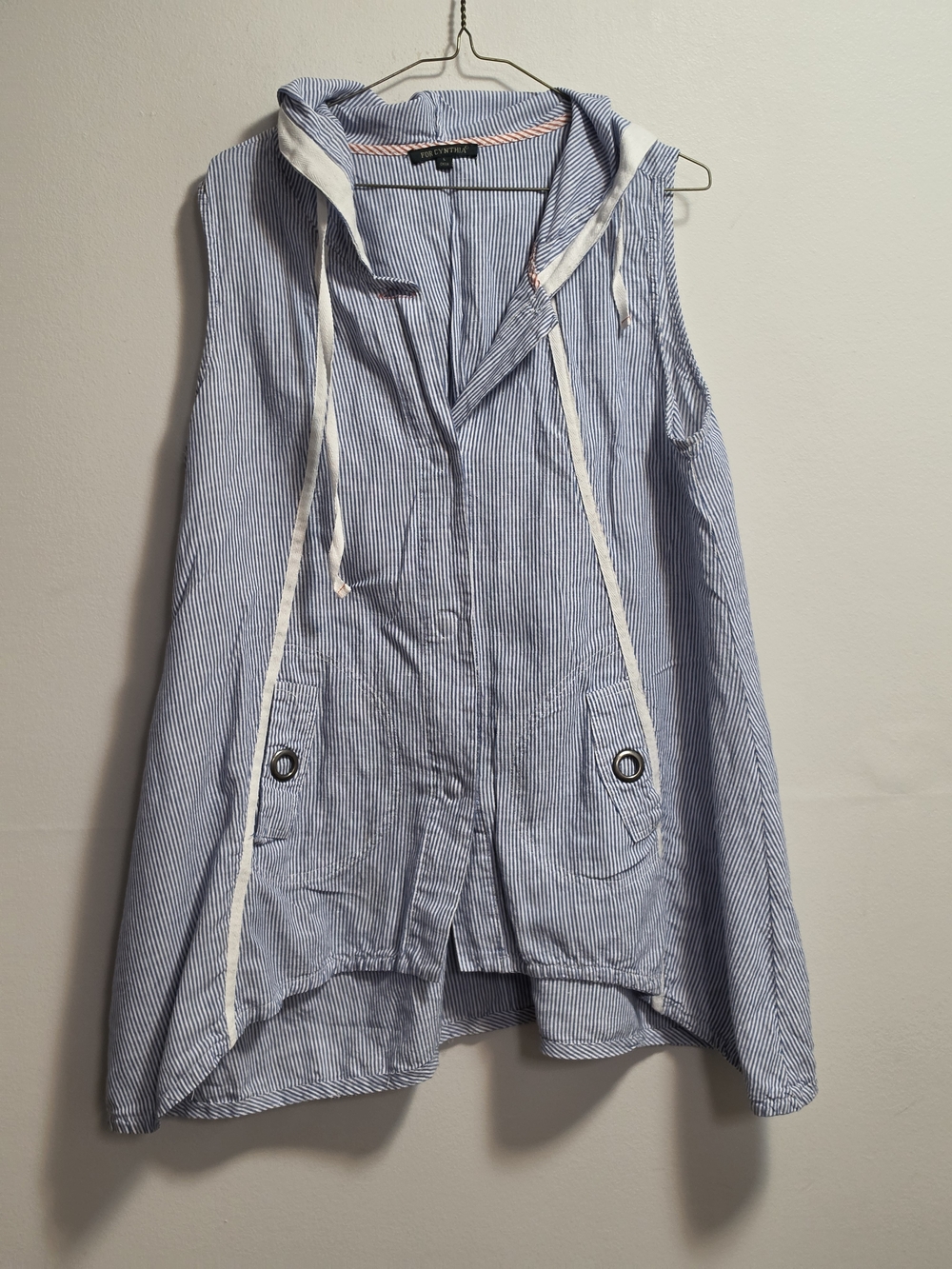 For Cynthia Striped Sleeveless Linen 80% Hooded Vest in Blue and White